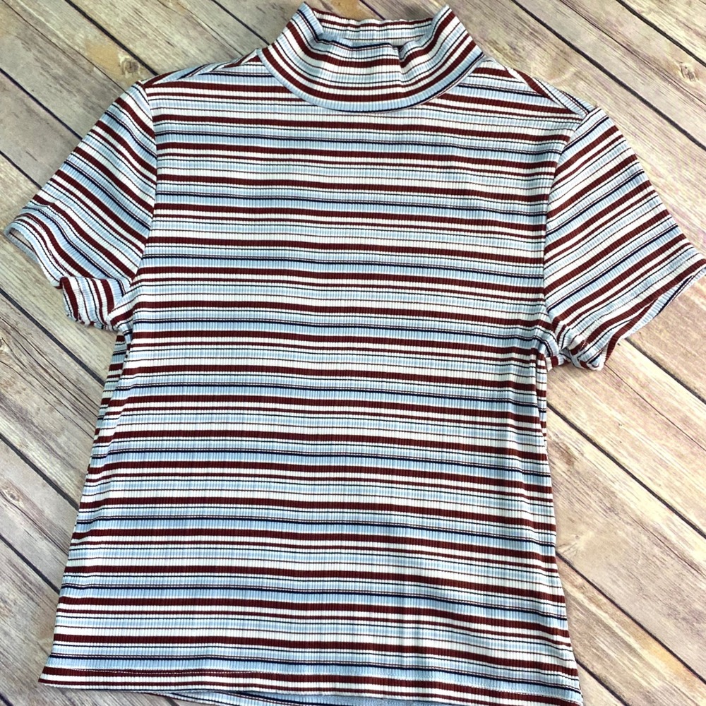 Pilcro Anthropologie Cyris Mock Neck Striped Shirt Size S Small Short Sleeve